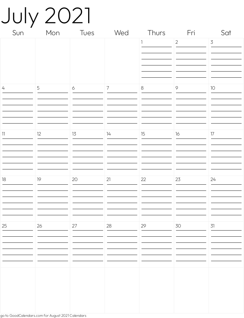 Lined July 2021 Calendar Template in Portrait