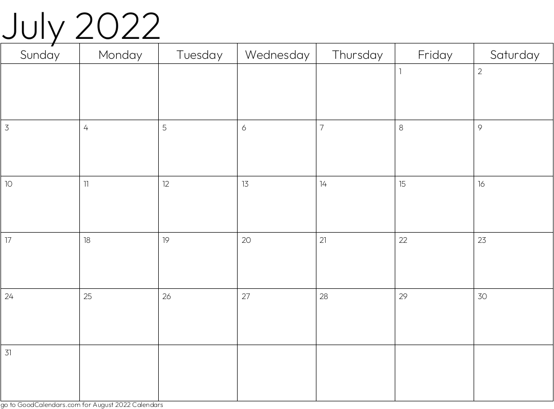 Standard July 2022 Calendar Template in Landscape