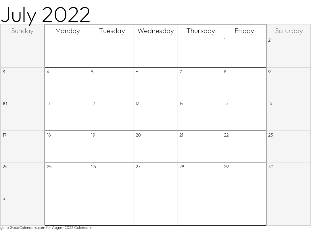 Shaded Weekends July 2022 Calendar Template in Landscape