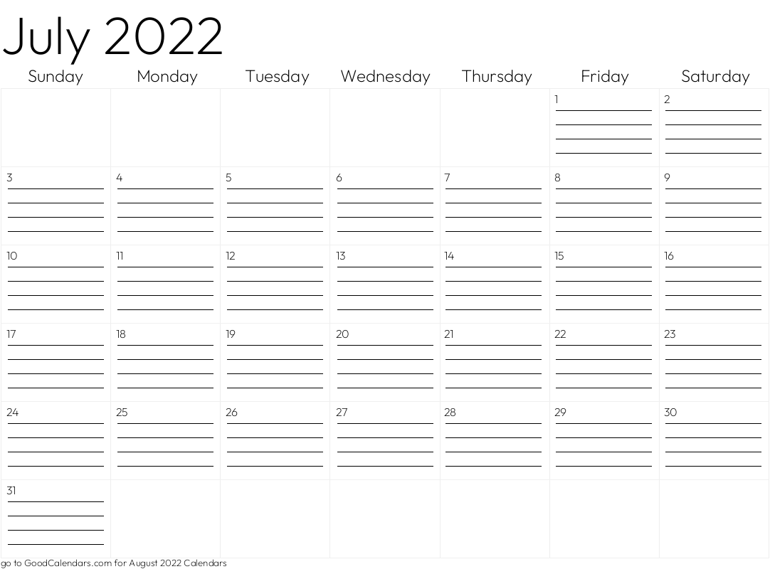 Lined July 2022 Calendar Template in Landscape