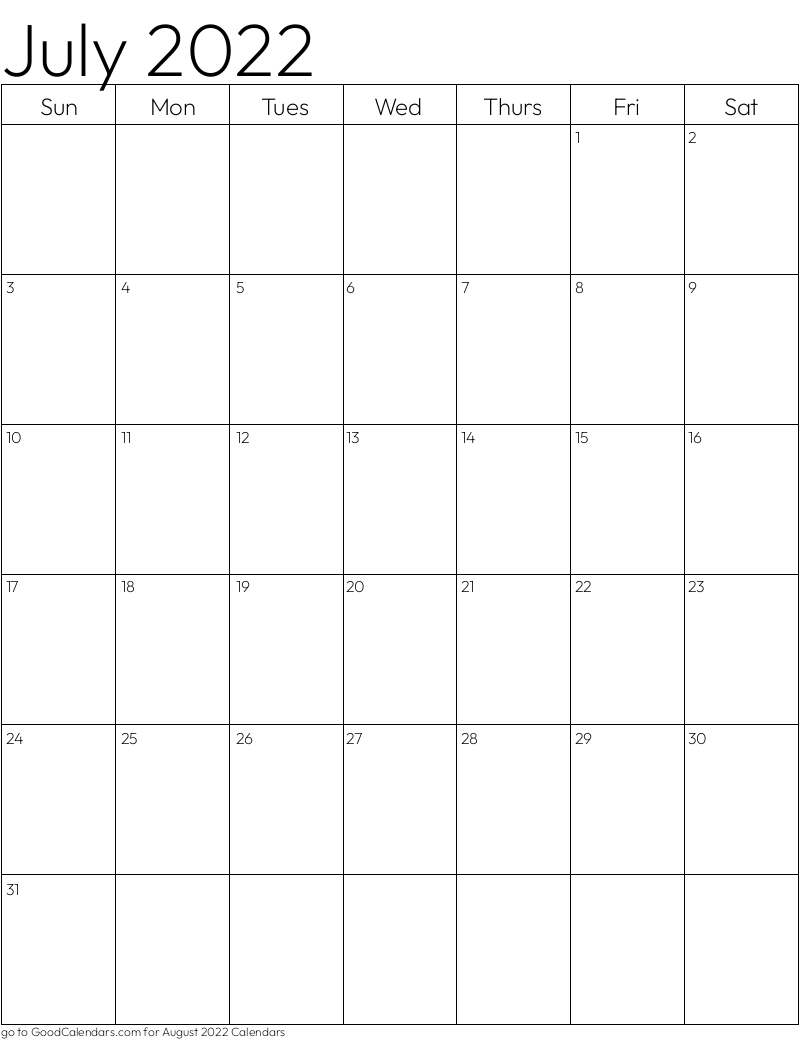 Standard July 2022 Calendar Template in Portrait