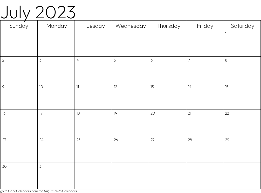 Standard July 2023 Calendar Template in Landscape