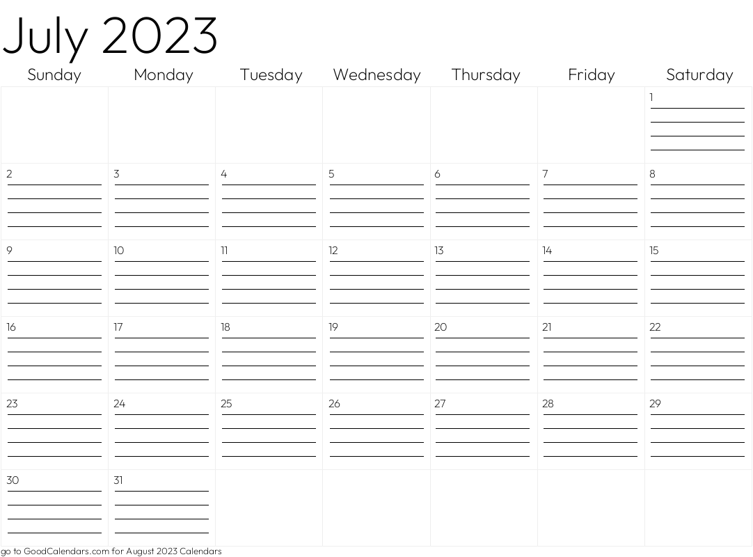 Lined July 2025 Calendar Template in Landscape