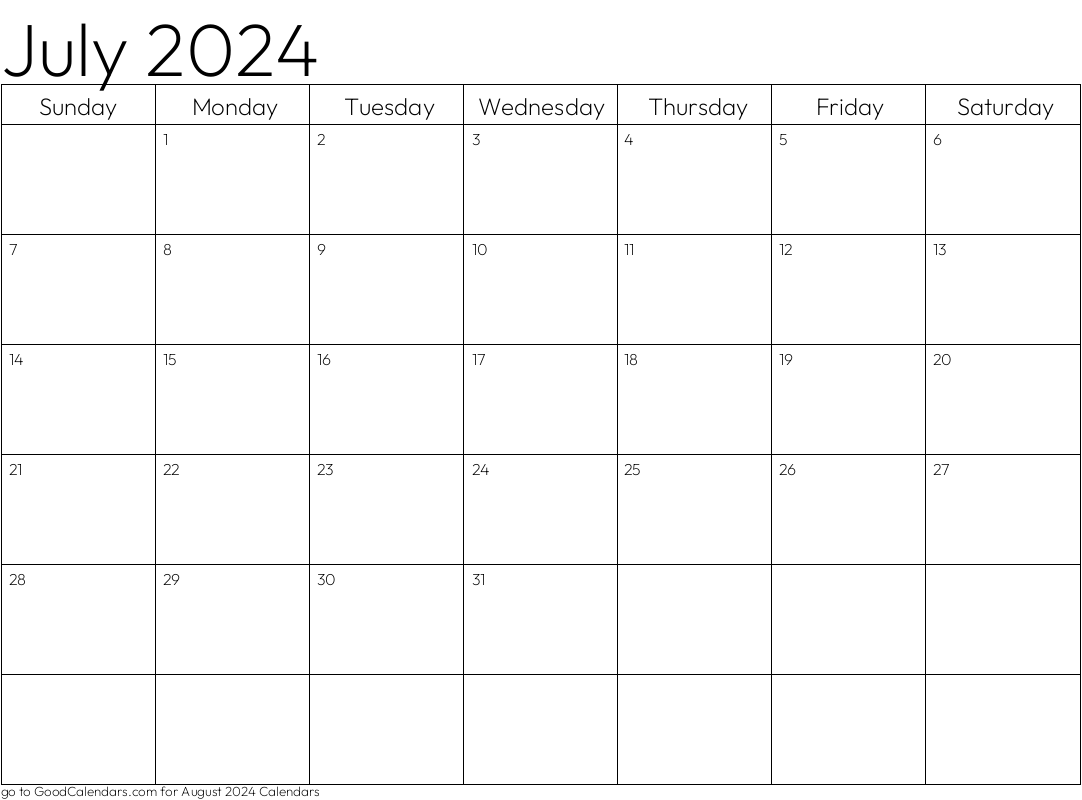 Standard July 2024 Calendar Template in Landscape