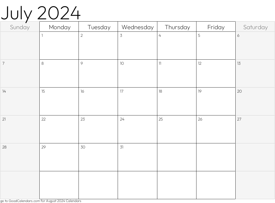 Shaded Weekends July 2024 Calendar Template in Landscape