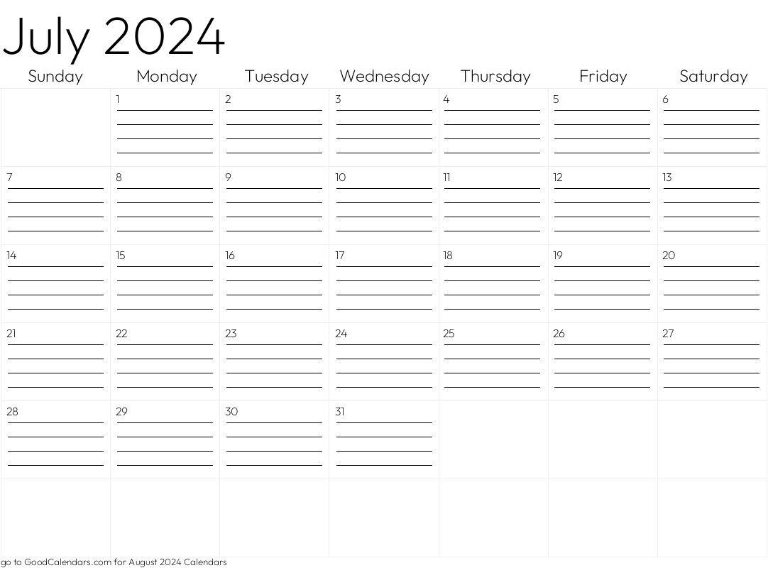 Lined July 2024 Calendar Template in Landscape