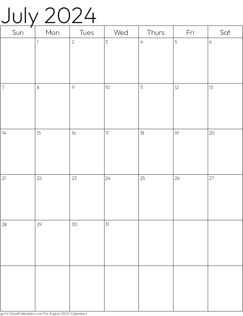 Standard July 2024 Calendar Template in Portrait