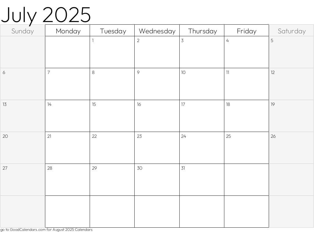Shaded Weekends July 2025 Calendar Template in Landscape