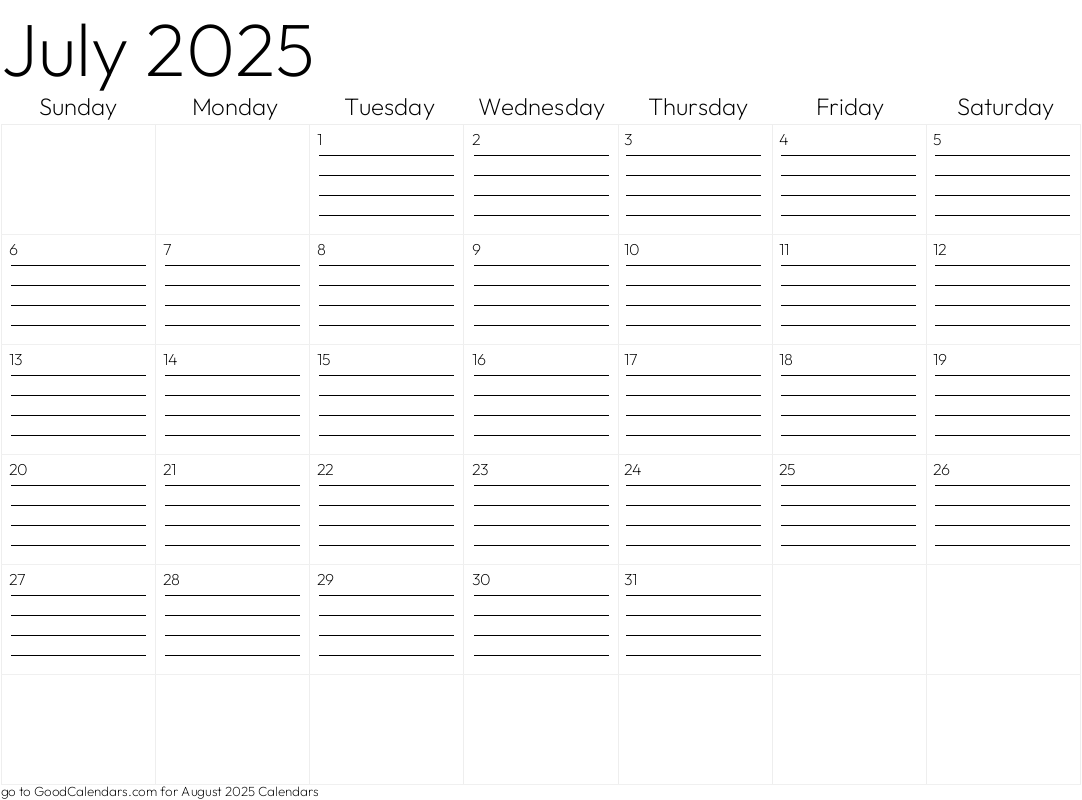Lined July 2025 Calendar Template in Landscape