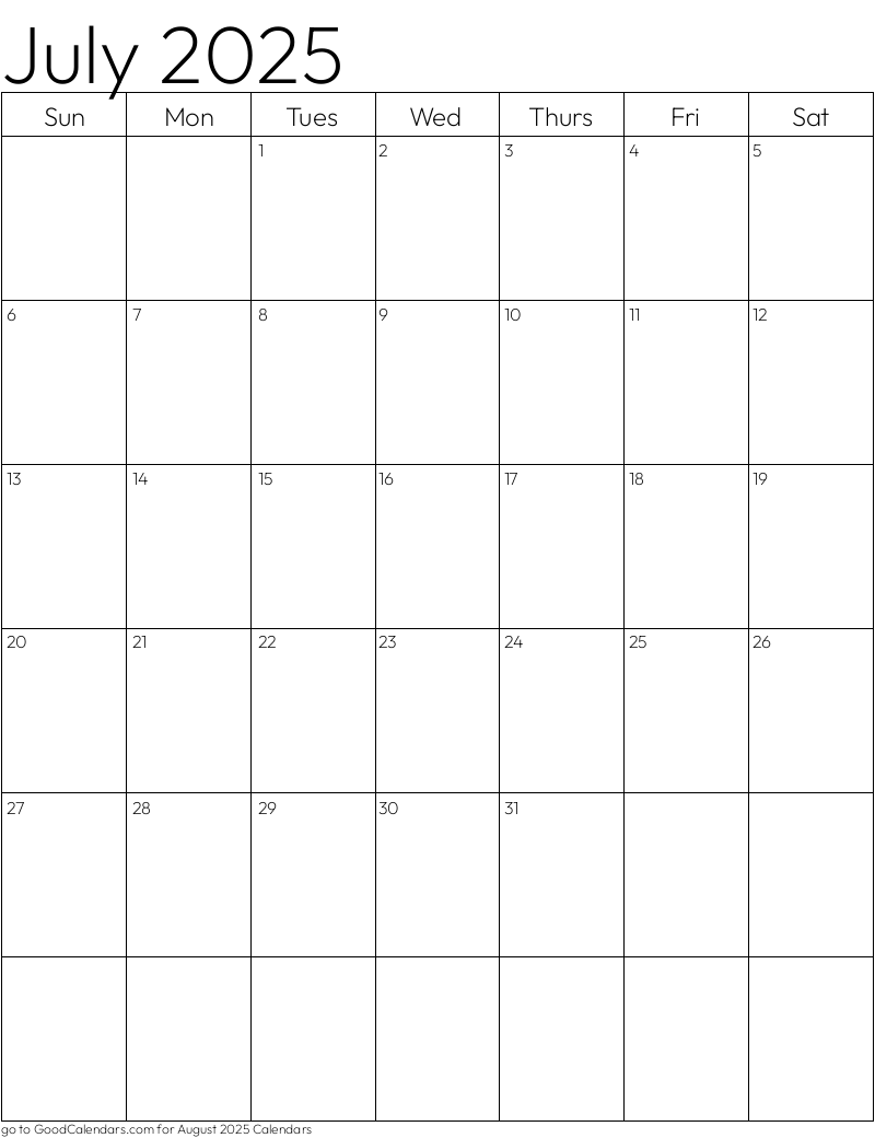 Standard July 2025 Calendar Template in Portrait