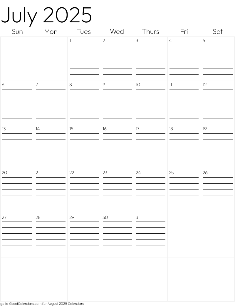 Lined July 2025 Calendar Template in Portrait