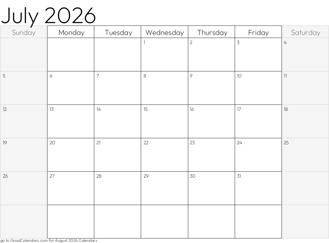 July 2026 Calendar with shaded weekends