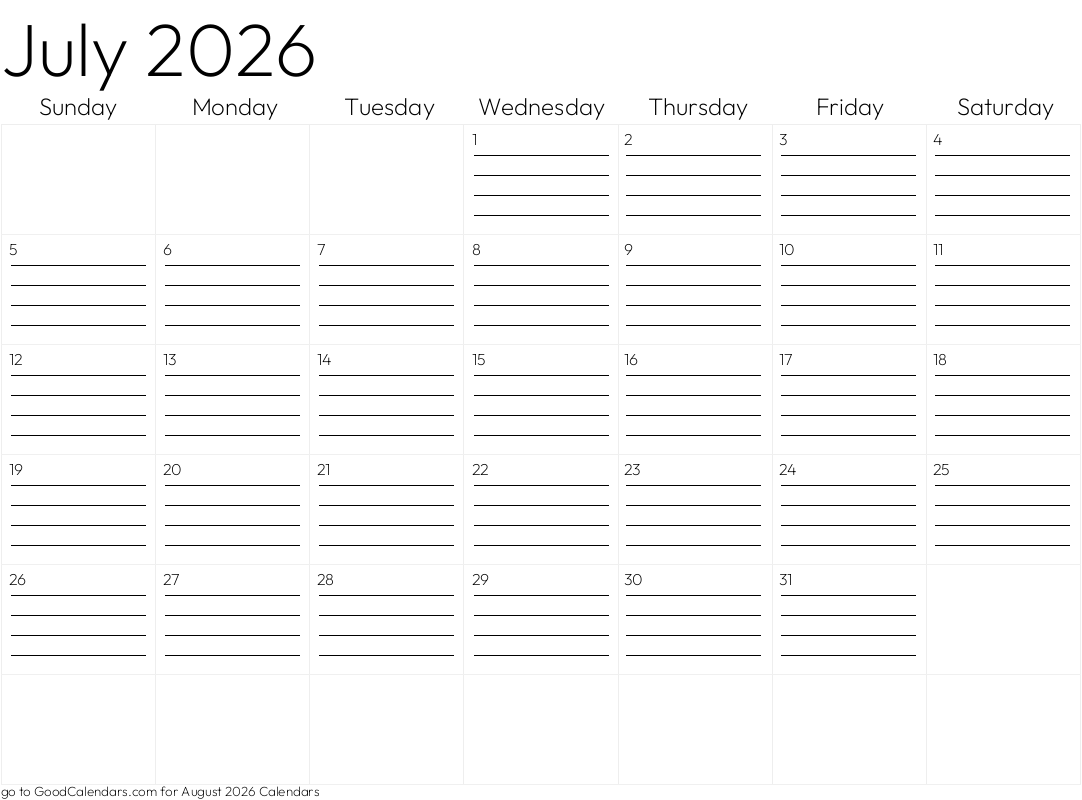 Lined July 2026 Calendar Template in Landscape