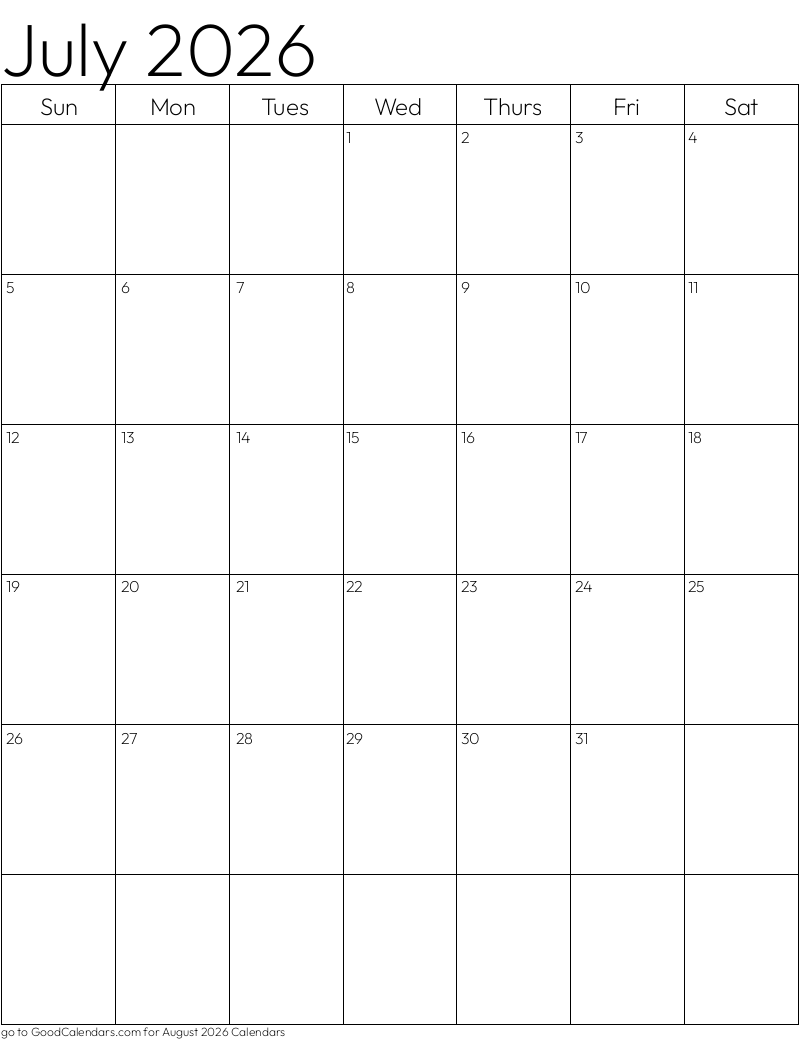 Standard July 2026 Calendar