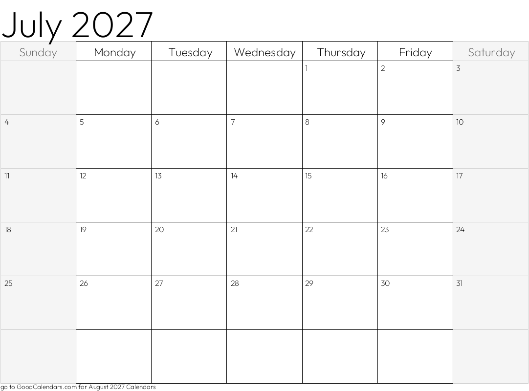 Shaded Weekends July 2027 Calendar Template in Landscape