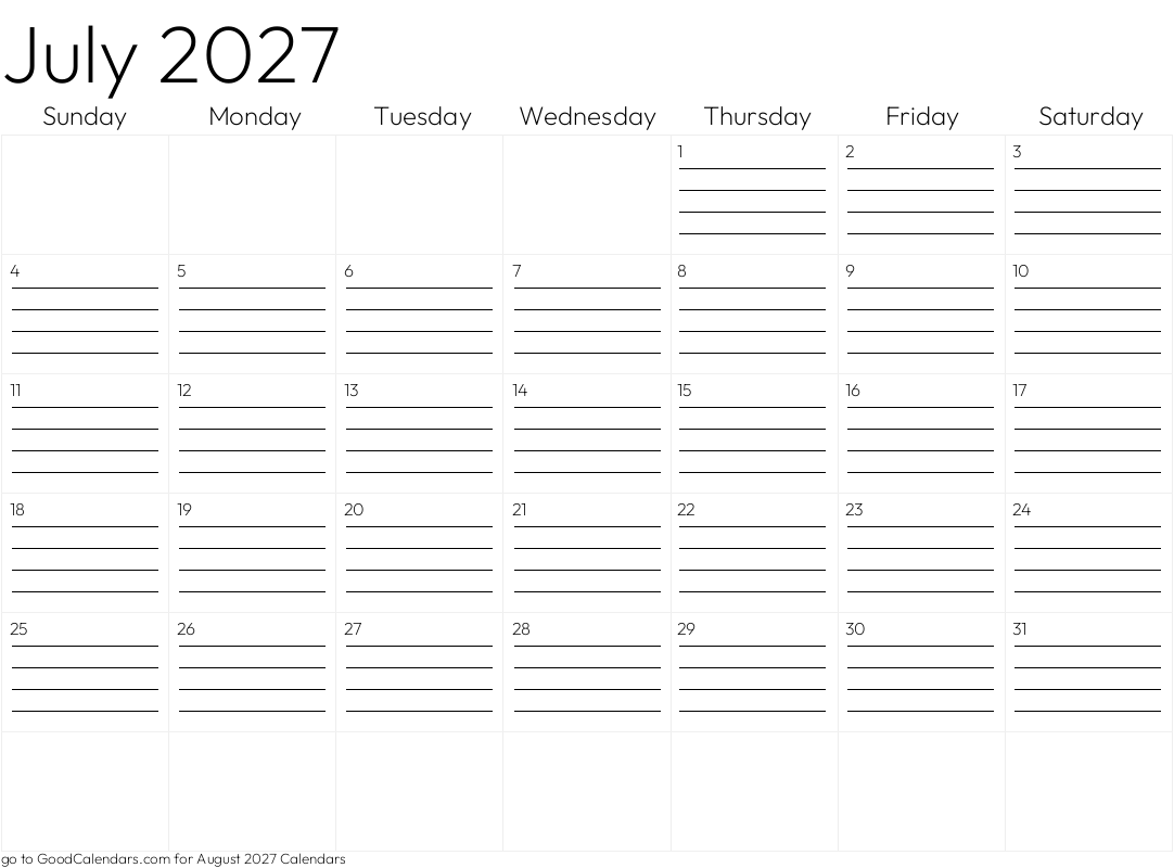 Lined July 2027 Calendar Template in Landscape