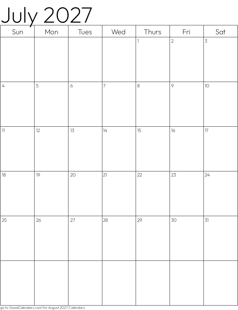 Standard July 2027 Calendar