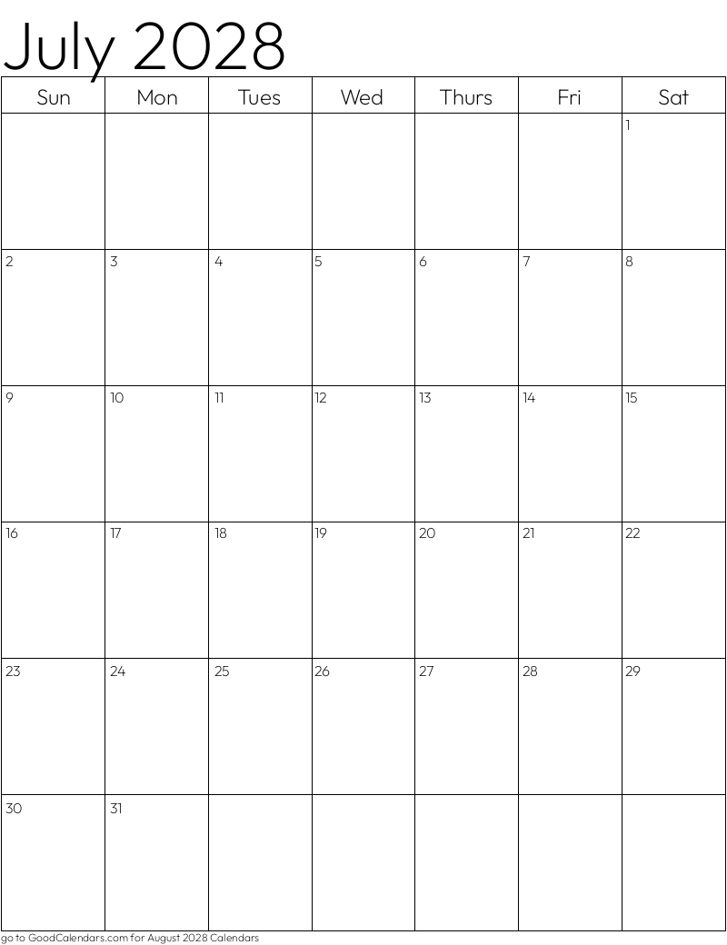 Standard July 2028 Calendar Template in Portrait