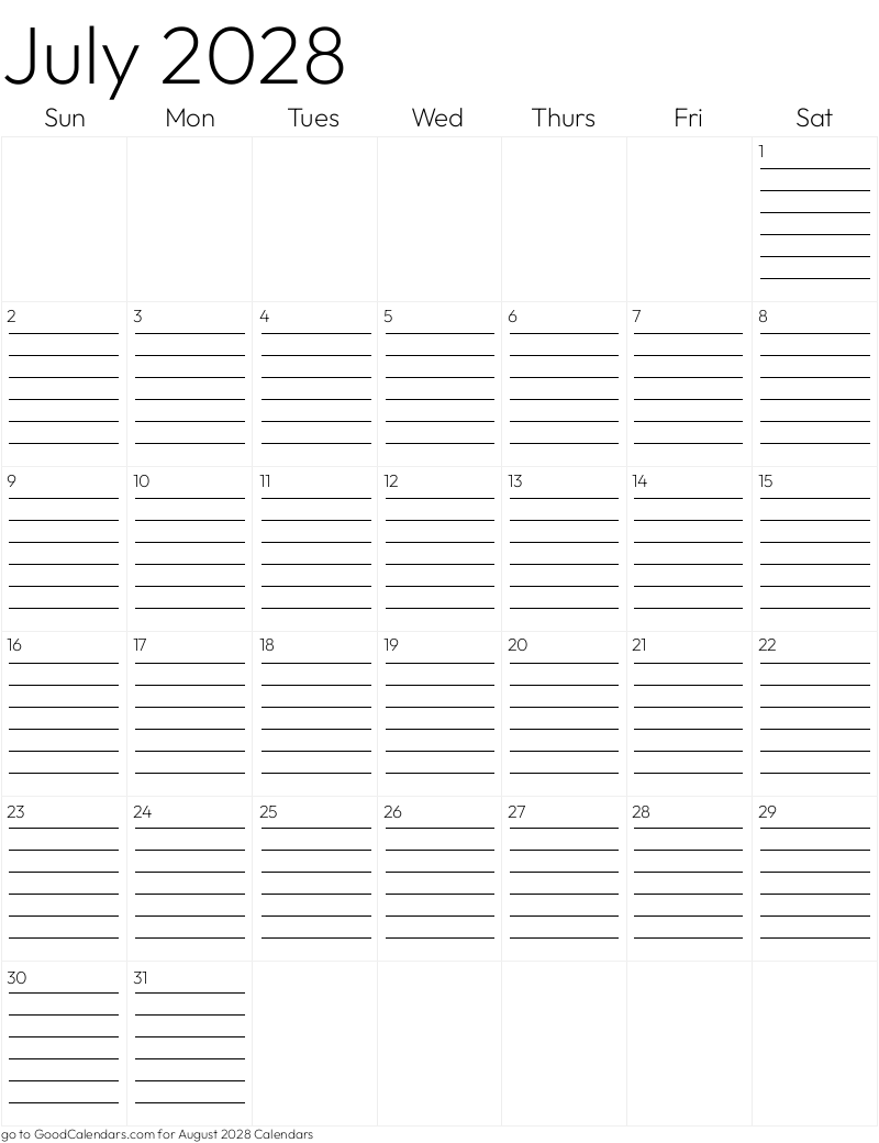 Lined July 2028 Calendar Template in Portrait