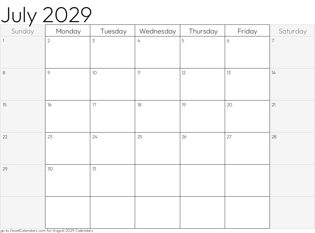 Shaded Weekends July 2029 Calendar Template in Landscape