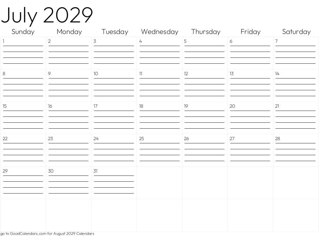 Lined July 2029 Calendar Template in Landscape