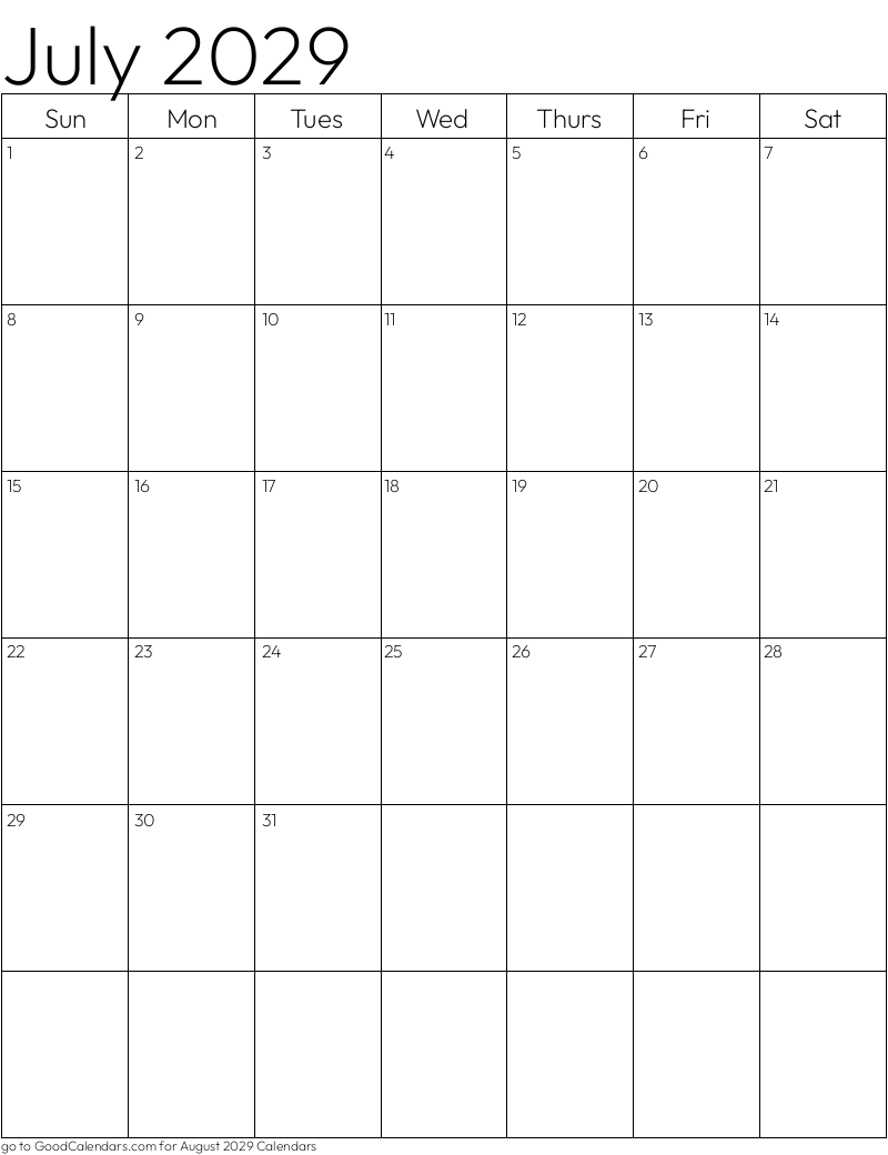 Standard July 2029 Calendar