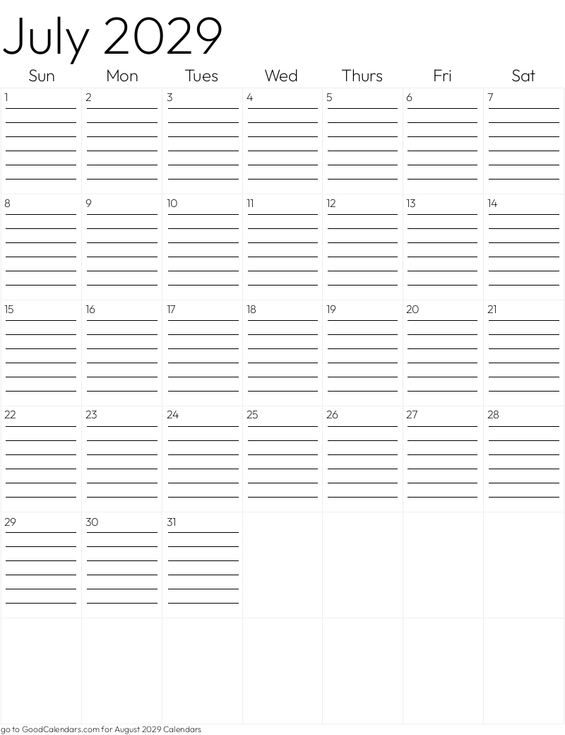 Lined July 2029 Calendar Template in Portrait