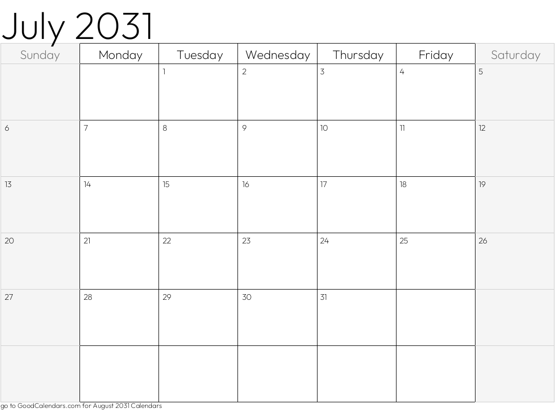 July 2031 Calendar with shaded weekends