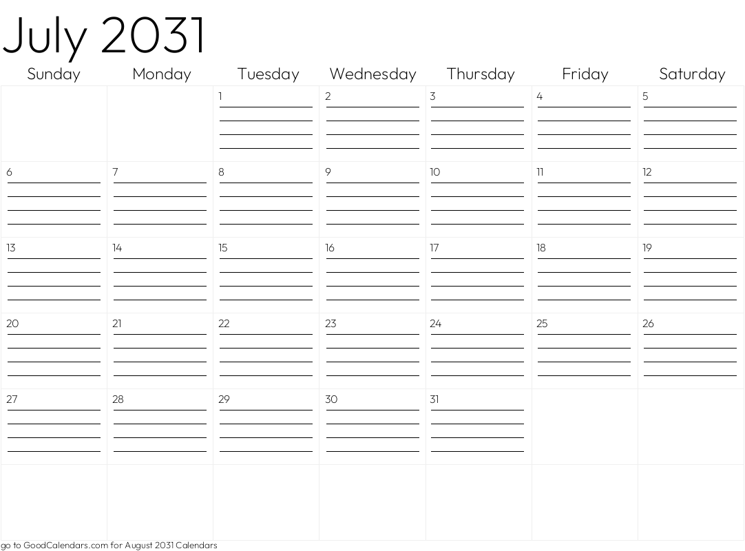 Lined July 2031 Calendar Template in Landscape