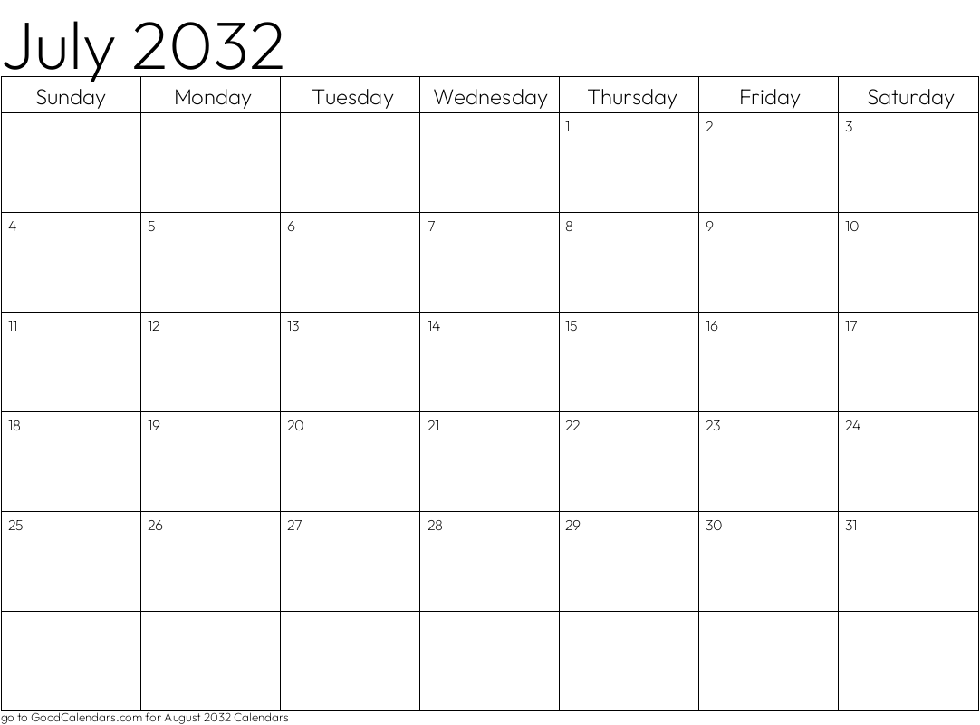 Standard July 2032 Calendar Template in Landscape