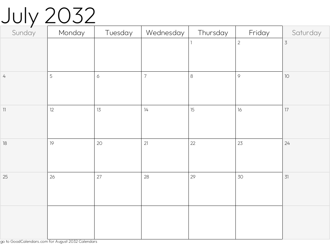 Shaded Weekends July 2032 Calendar Template in Landscape