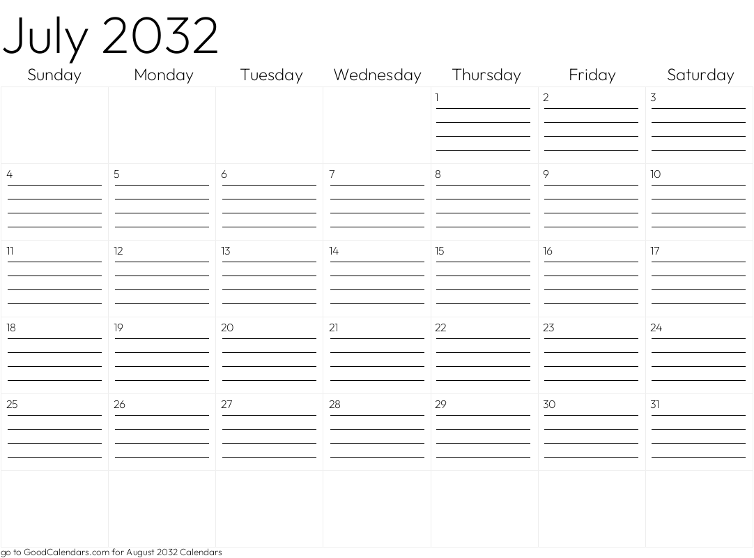 Lined July 2032 Calendar Template in Landscape