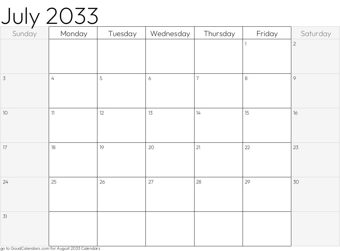 July 2033 Calendar with shaded weekends