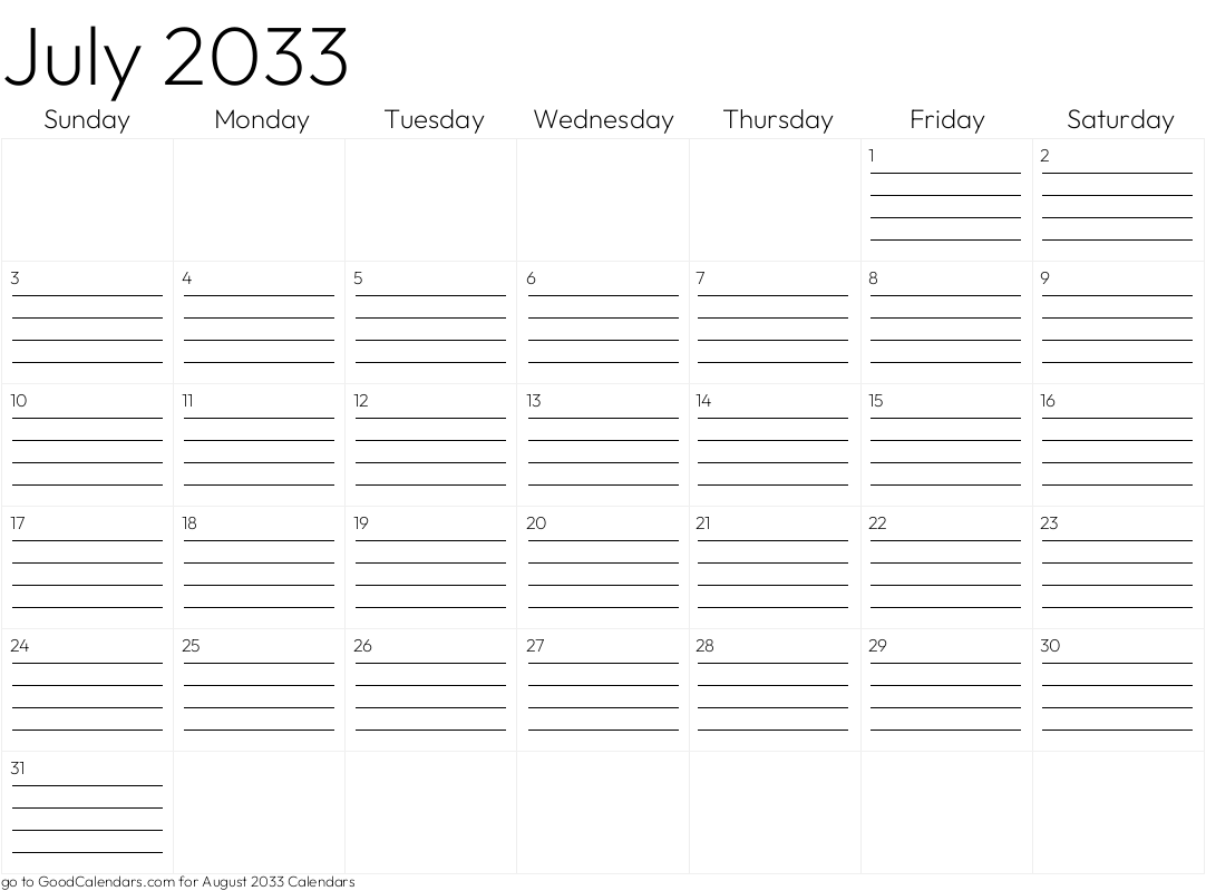 Lined July 2033 Calendar Template in Landscape