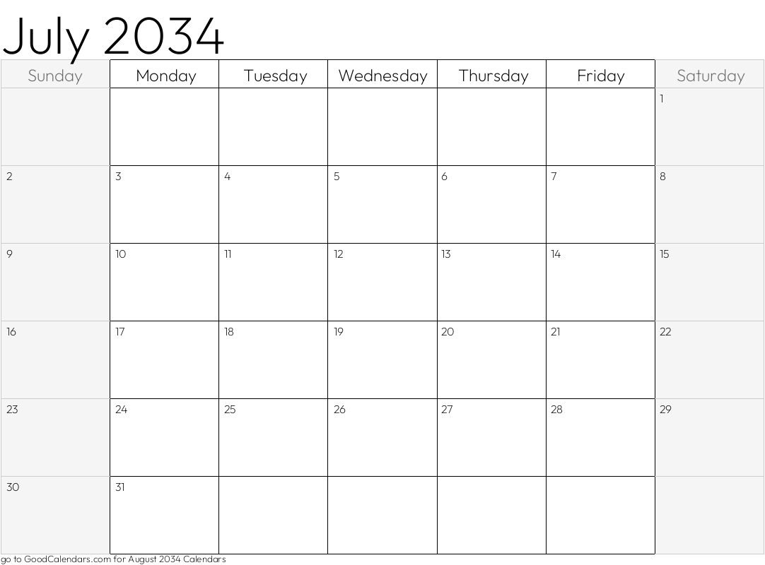 Shaded Weekends July 2034 Calendar Template in Landscape