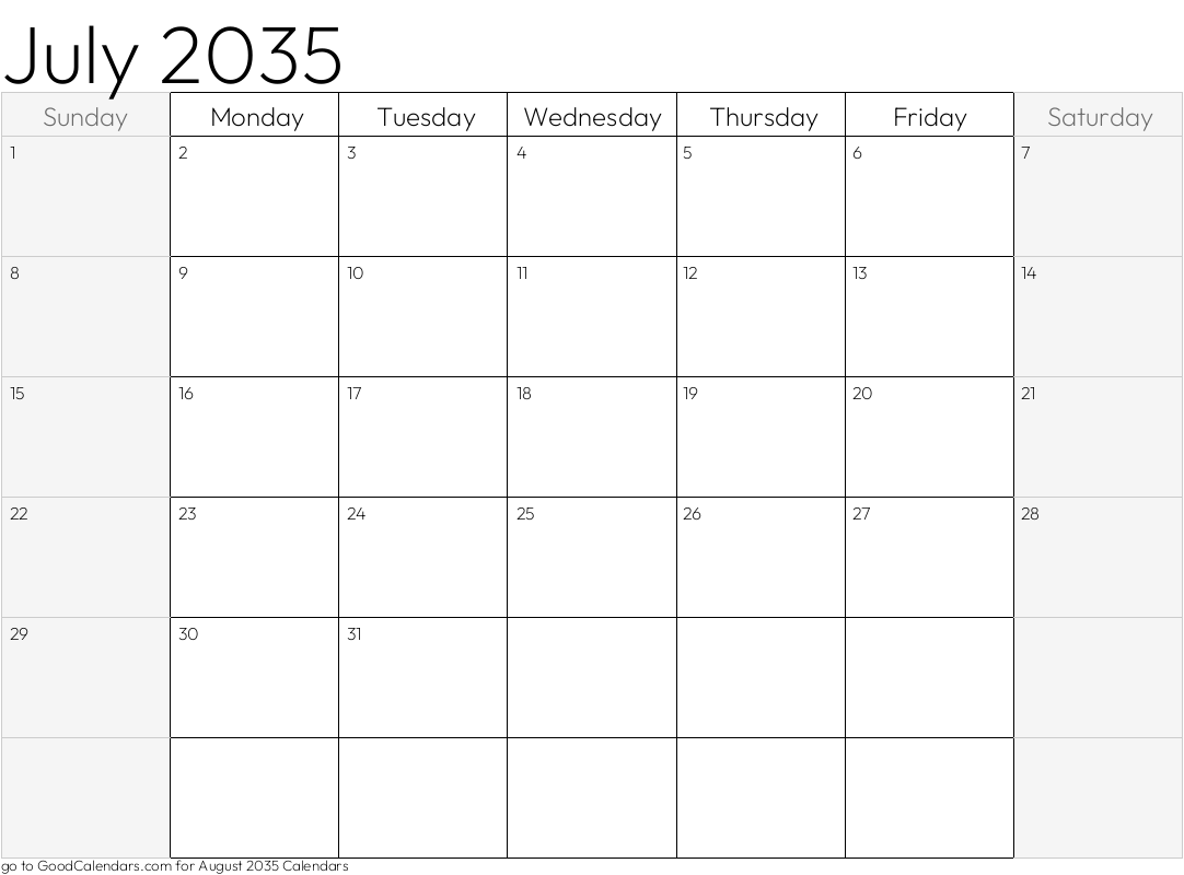 Shaded Weekends July 2035 Calendar Template in Landscape