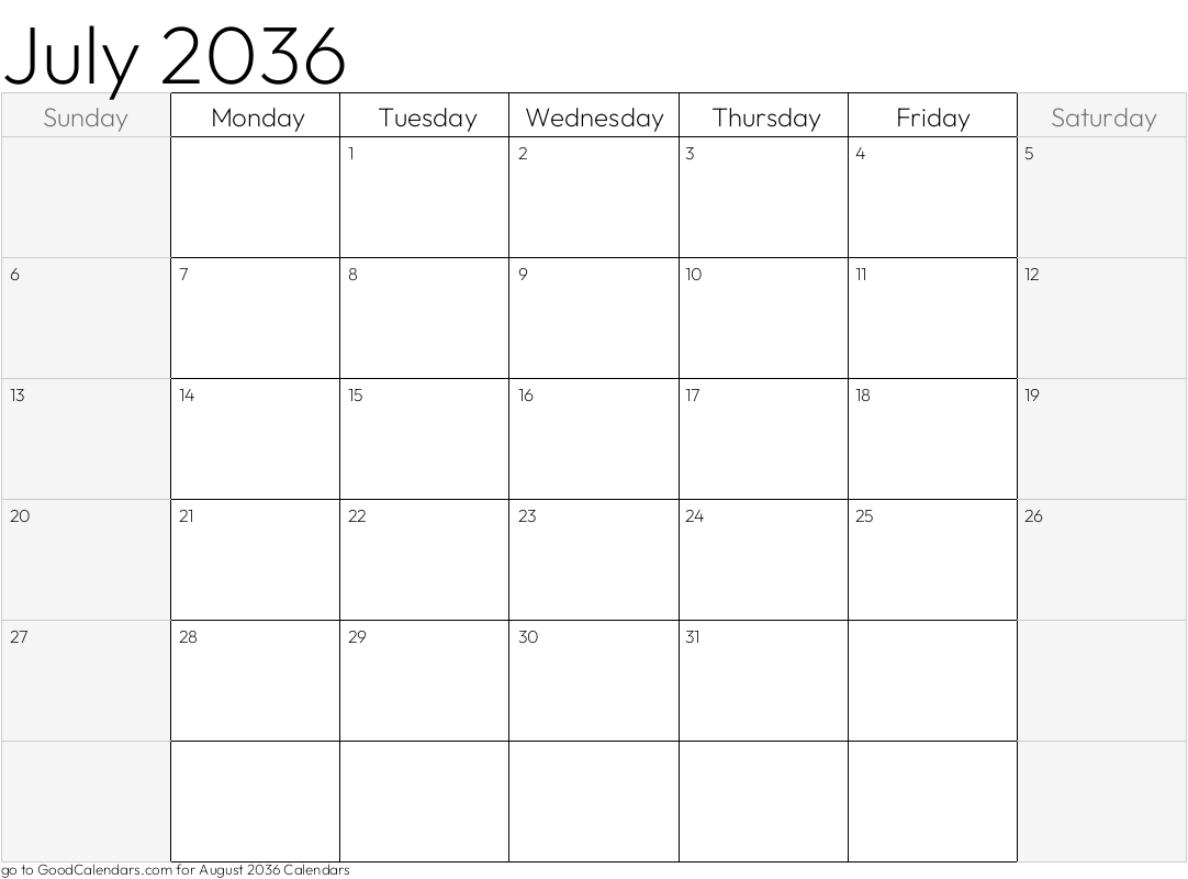 July 2036 Calendar with shaded weekends