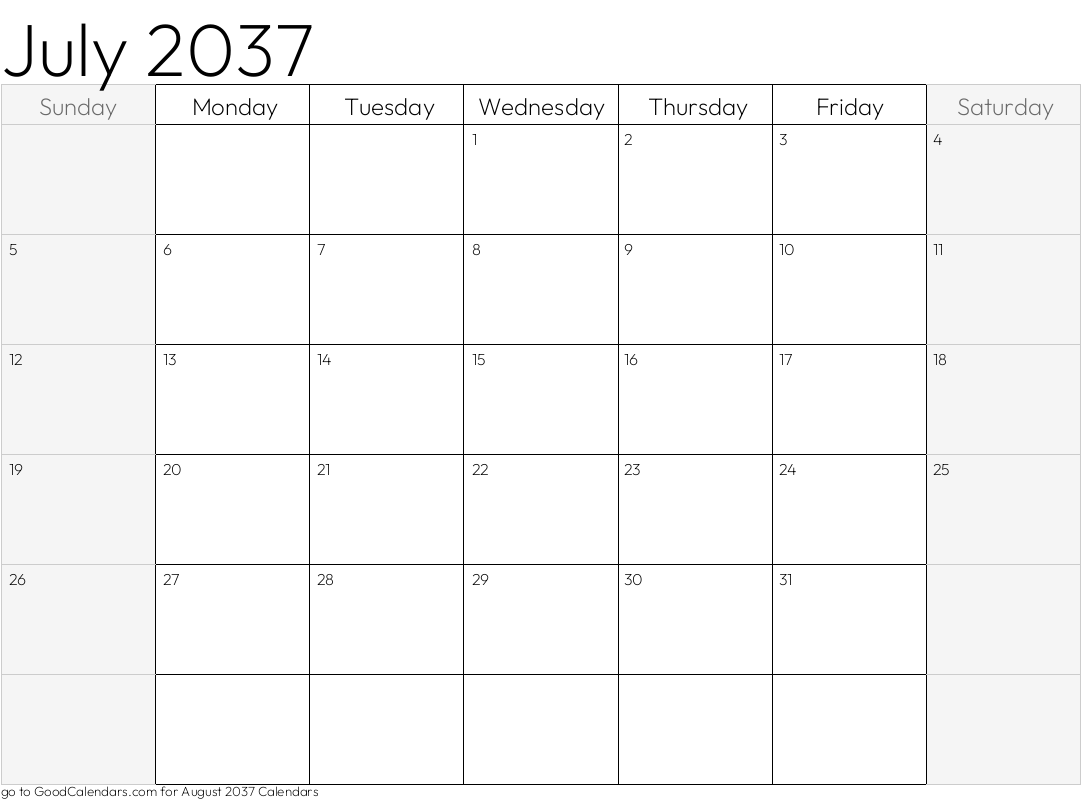 Shaded Weekends July 2037 Calendar Template in Landscape