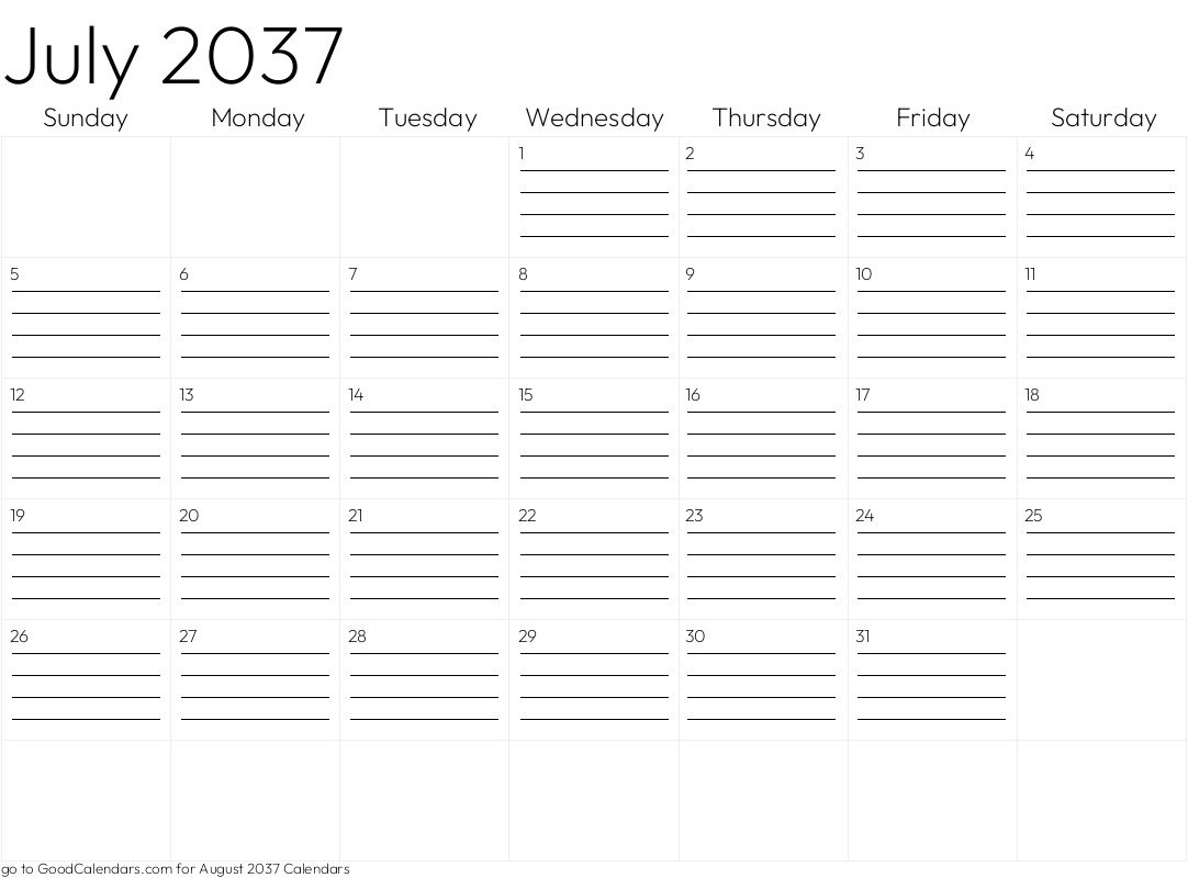 Lined July 2037 Calendar Template in Landscape