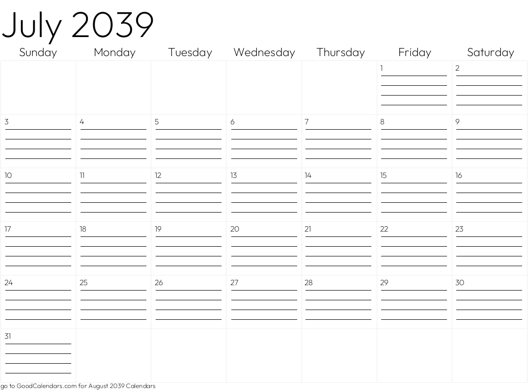 Lined July 2039 Calendar