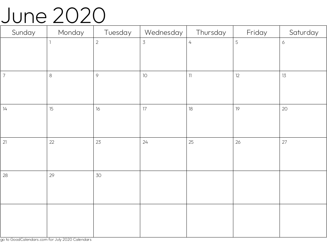 Standard June 2020 Calendar Template in Landscape