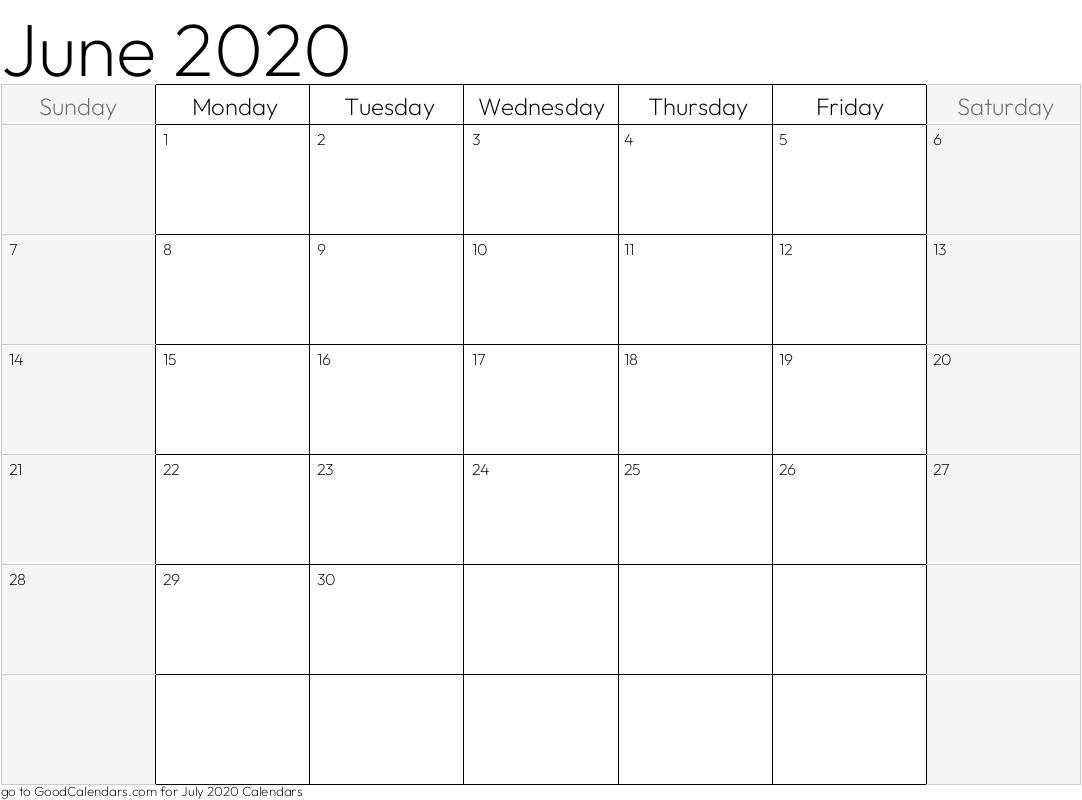 Shaded Weekends June 2020 Calendar Template in Landscape