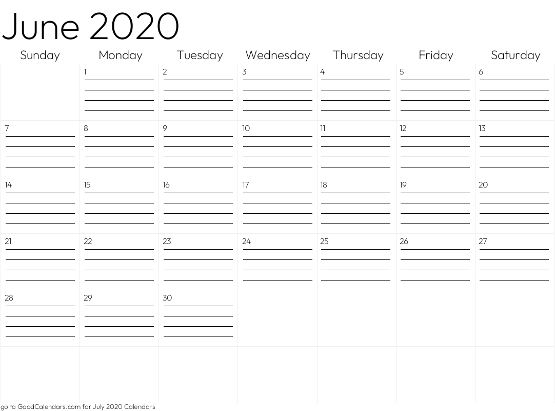 Lined June 2020 Calendar Template in Landscape