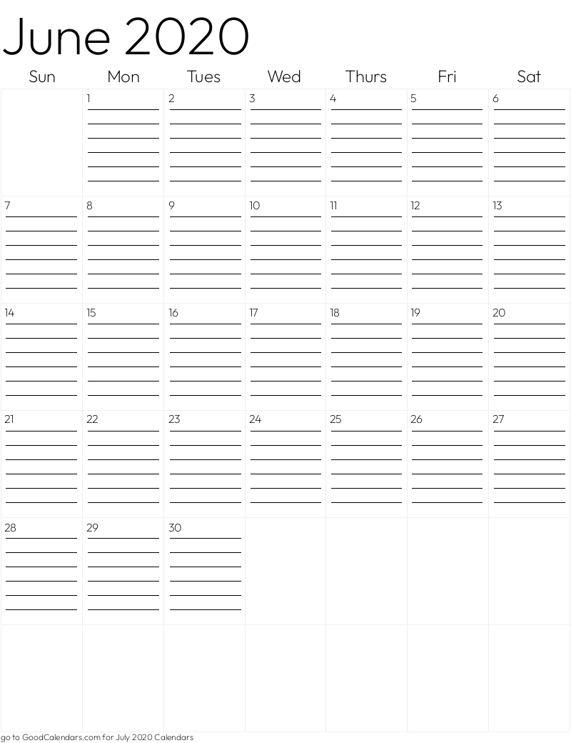 Lined June 2020 Calendar Template in Portrait