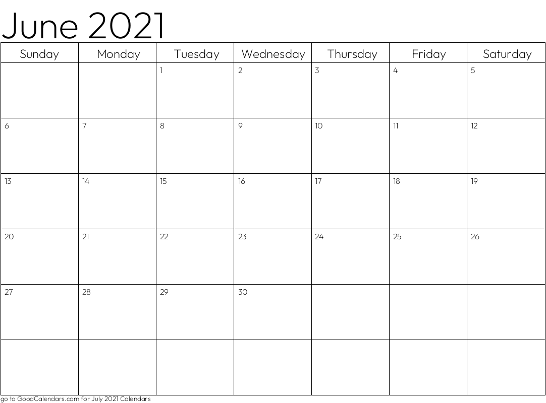 Standard June 2021 Calendar