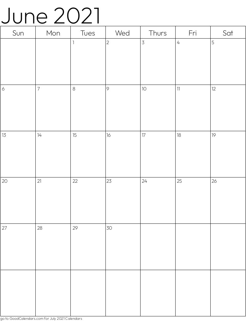 Standard June 2021 Calendar