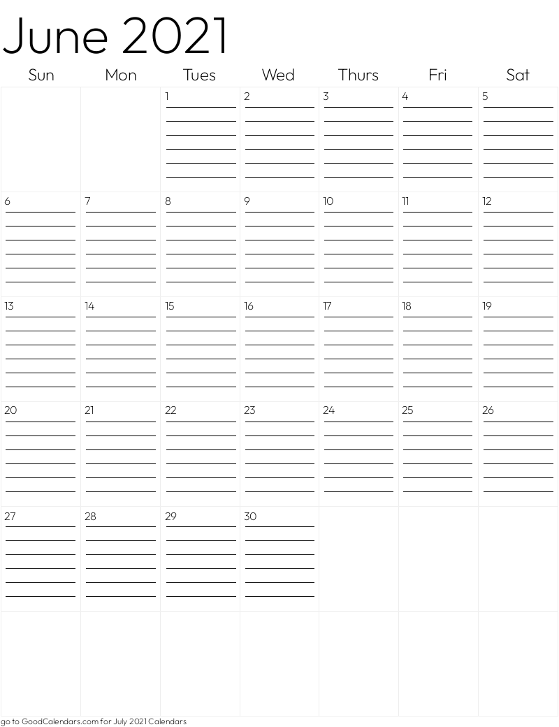 Lined June 2021 Calendar Template in Portrait