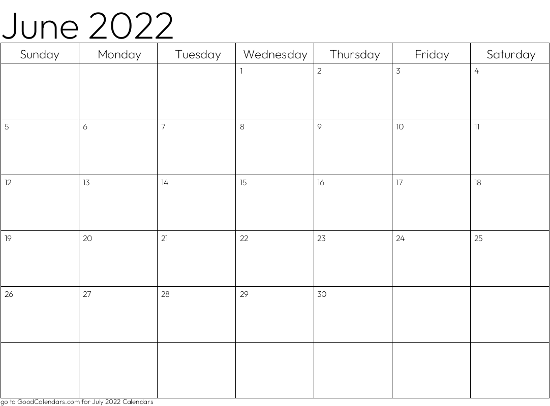 June 2022 Standard Calendar