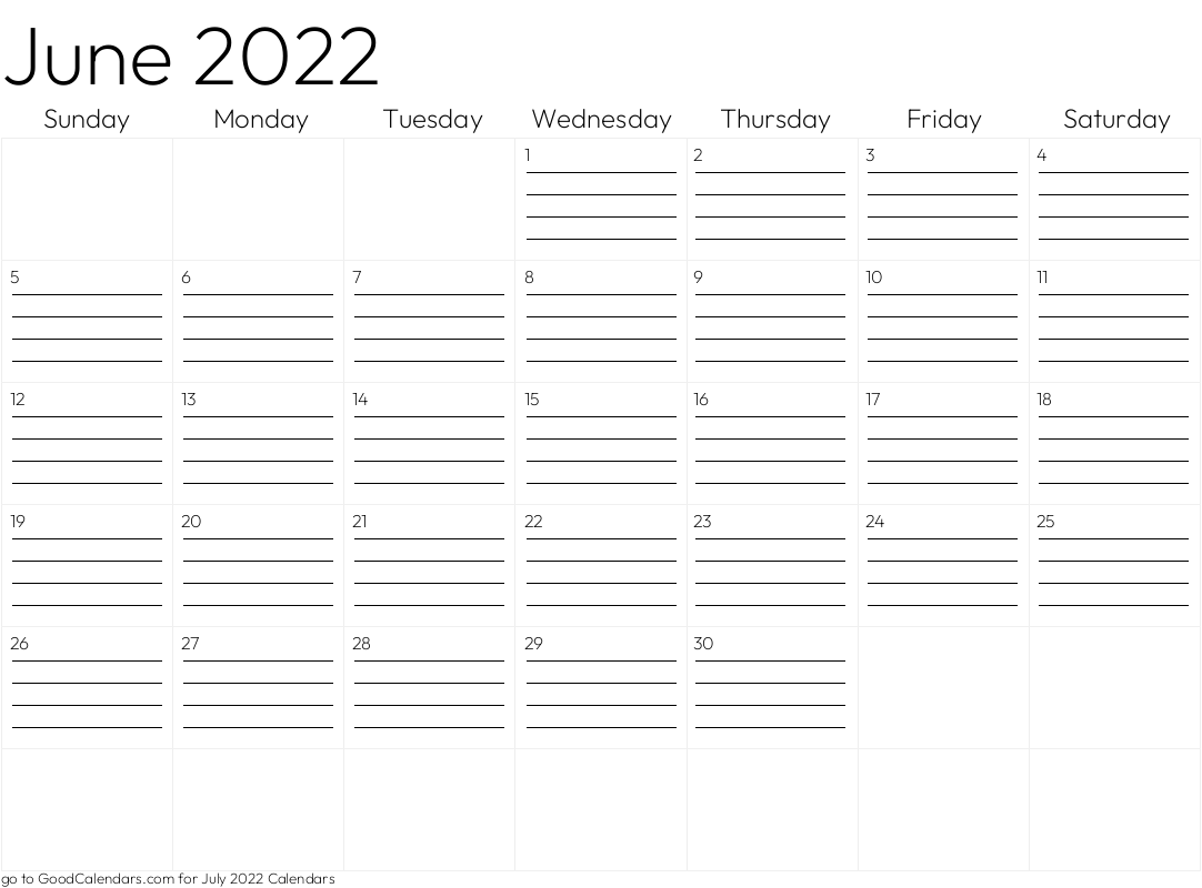 June 2022 Lined Calendar