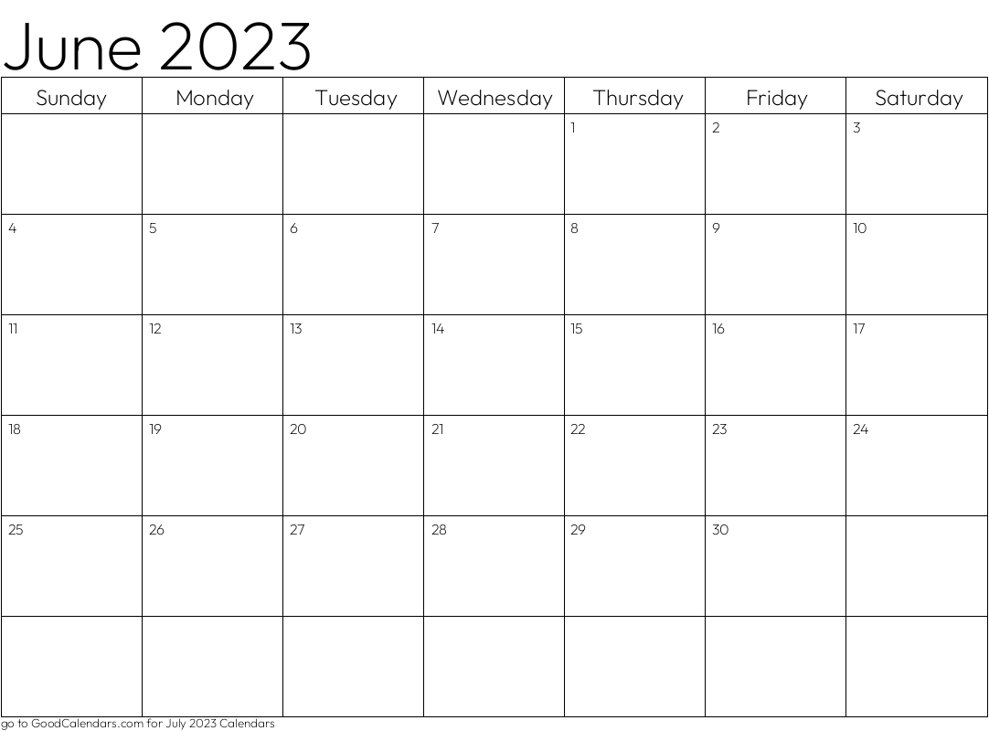 June 2023 Standard Calendar